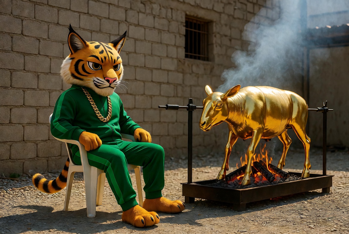 Balkan Hood mascot in a green tracksuit sitting beside a golden roast on a spit