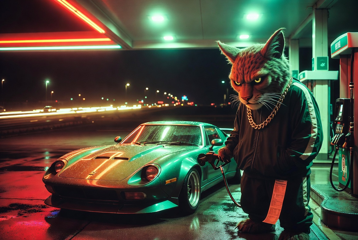 Balkan Hood mascot fuelling a green sports car at a neon petrol station at night