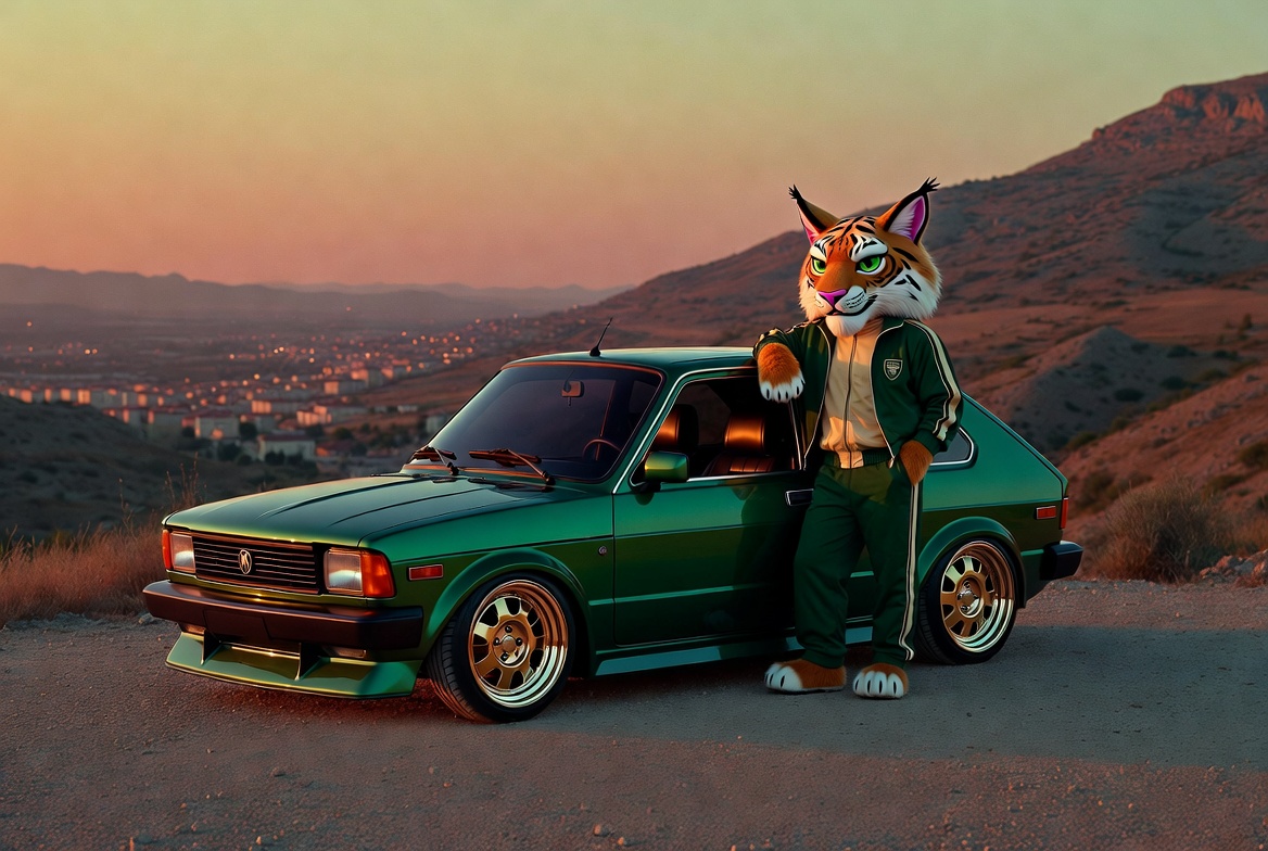 Balkan Hood mascot leaning on a green tuned hatchback above a Balkan valley at sunset